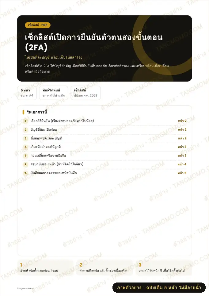 ภาพตัวอย่างบางส่วนของ เช็กลิสต์เปิดการยืนยันตัวตนสองขั้นตอน (2FA)