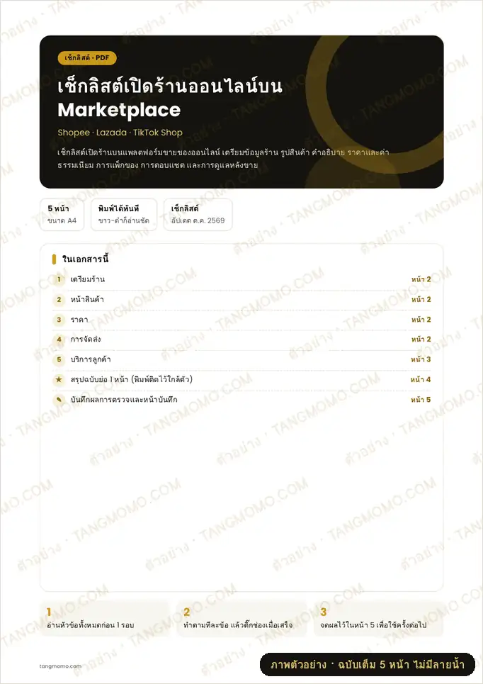 ภาพตัวอย่างบางส่วนของ เช็กลิสต์เปิดร้านออนไลน์บน Marketplace
