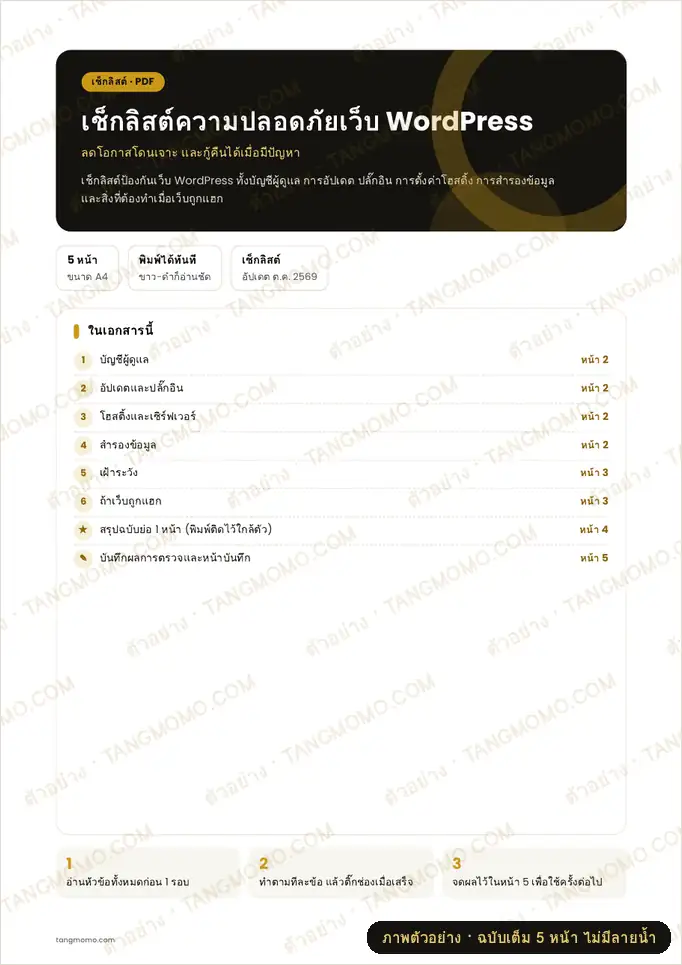 ภาพตัวอย่างบางส่วนของ เช็กลิสต์ความปลอดภัยเว็บ WordPress