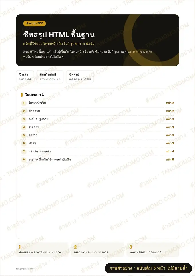 ภาพตัวอย่างบางส่วนของ ชีทสรุป HTML พื้นฐาน