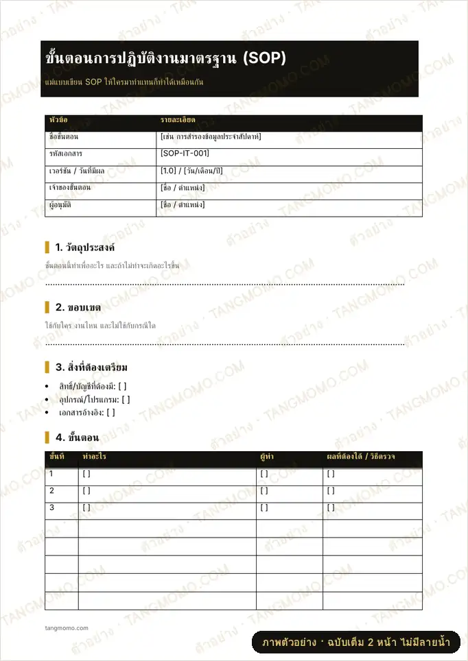 ภาพตัวอย่างบางส่วนของ ขั้นตอนการปฏิบัติงานมาตรฐาน SOP (Word)
