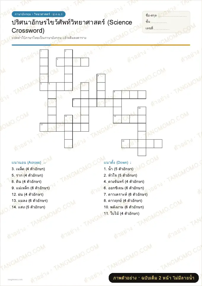 ภาพตัวอย่างบางส่วนของ ปริศนาอักษรไขว้ศัพท์วิทยาศาสตร์ภาษาอังกฤษ (Science Crossword) (PDF พร้อมพิมพ์)