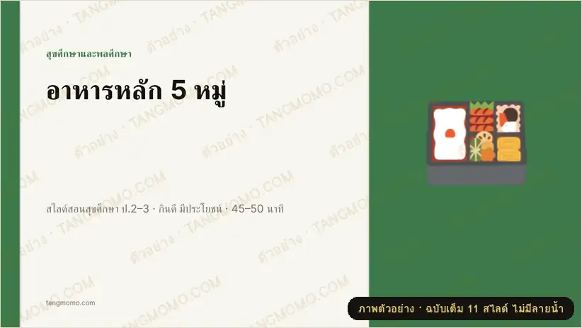 ภาพตัวอย่างบางส่วนของ สไลด์สอนสุขศึกษา อาหารหลัก 5 หมู่ ป.2–3 (PowerPoint)