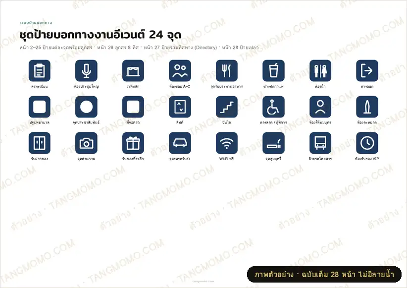 ภาพตัวอย่างบางส่วนของ ชุดป้ายบอกทางงานอีเวนต์ 24 จุด พร้อมลูกศร 8 ทิศ (PDF พร้อมพิมพ์)