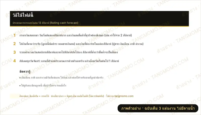 ภาพตัวอย่างบางส่วนของ ประมาณการกระแสเงินสด 13 สัปดาห์ (รายสัปดาห์) (Excel)
