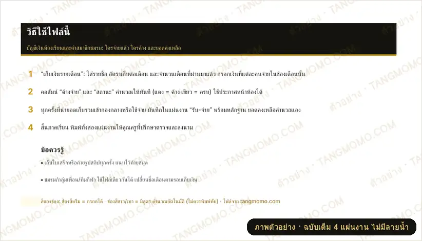 ภาพตัวอย่างบางส่วนของ บัญชีเงินห้องเรียน/ค่าสมาชิกชมรม (ใครค้างจ่าย) (Excel)