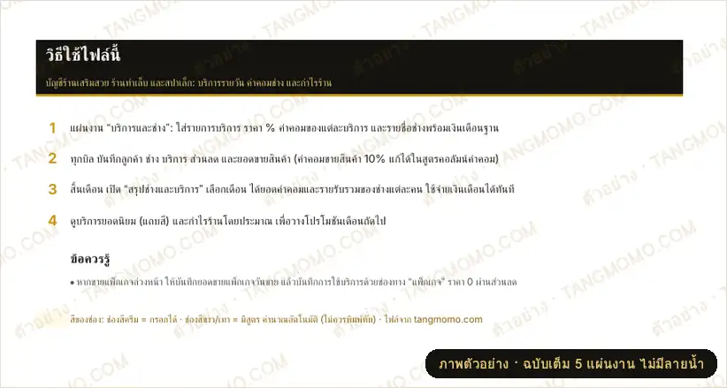 ภาพตัวอย่างบางส่วนของ บัญชีร้านเสริมสวย/ทำเล็บ พร้อมค่าคอมช่าง (Excel)