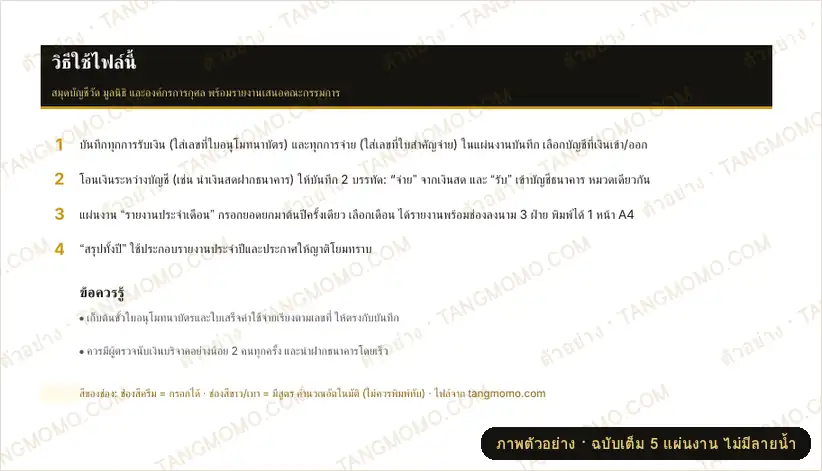 ภาพตัวอย่างบางส่วนของ สมุดบัญชีวัด/มูลนิธิ พร้อมรายงานการเงินประจำเดือน (Excel)