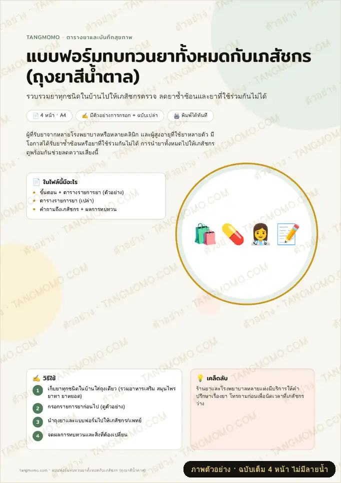 ภาพตัวอย่างบางส่วนของ แบบฟอร์มทบทวนยาทั้งหมดกับเภสัชกร (ถุงยาสีน้ำตาล) (PDF พร้อมพิมพ์)