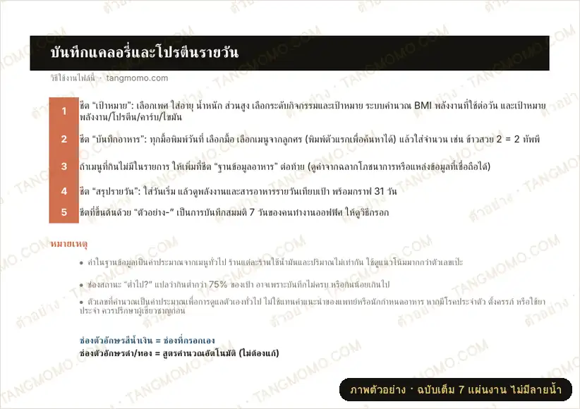 ภาพตัวอย่างบางส่วนของ บันทึกแคลอรี่และโปรตีนรายวัน + ฐานข้อมูลอาหารไทย 62 รายการ (Excel)
