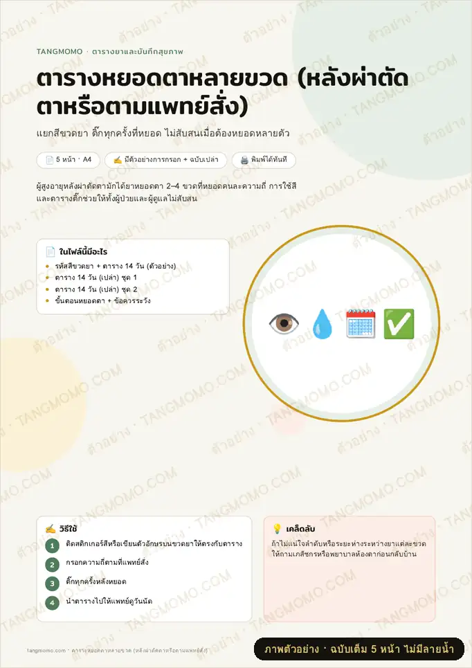ภาพตัวอย่างบางส่วนของ ตารางหยอดตาหลายขวด (หลังผ่าตัดตาหรือตามแพทย์สั่ง) (PDF พร้อมพิมพ์)