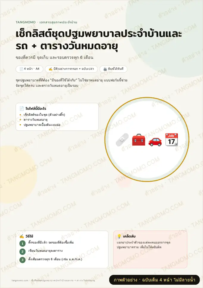 ภาพตัวอย่างบางส่วนของ เช็กลิสต์ชุดปฐมพยาบาลประจำบ้านและรถ + ตารางวันหมดอายุ (PDF พร้อมพิมพ์)