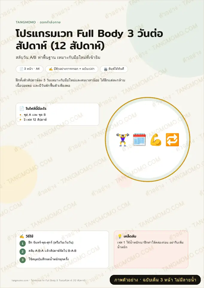 ภาพตัวอย่างบางส่วนของ โปรแกรมเวท Full Body 3 วันต่อสัปดาห์ (12 สัปดาห์) (PDF พร้อมพิมพ์)