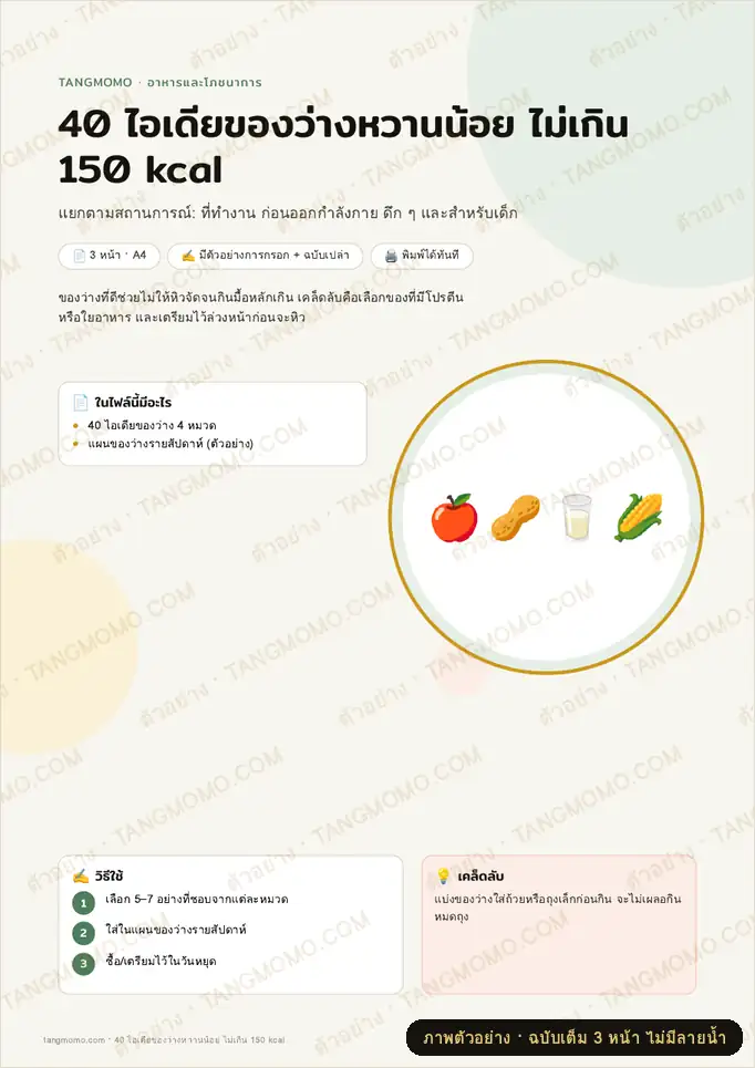 ภาพตัวอย่างบางส่วนของ 40 ไอเดียของว่างหวานน้อย ไม่เกิน 150 kcal (PDF พร้อมพิมพ์)