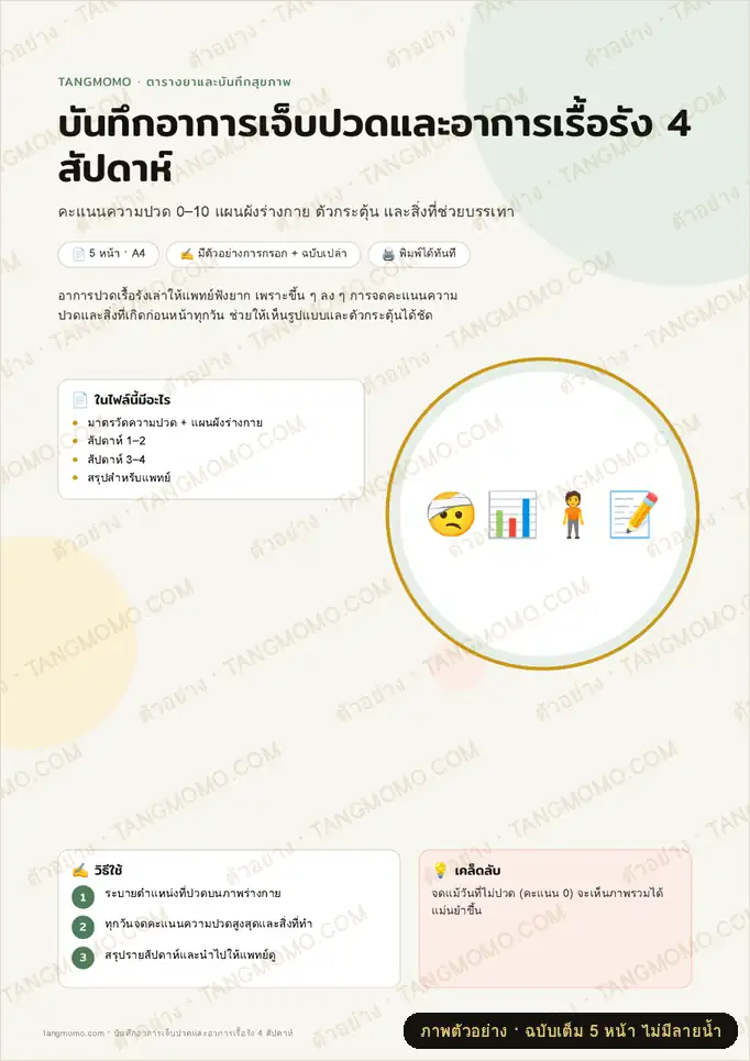ภาพตัวอย่างบางส่วนของ บันทึกอาการเจ็บปวดและอาการเรื้อรัง 4 สัปดาห์ (PDF พร้อมพิมพ์)