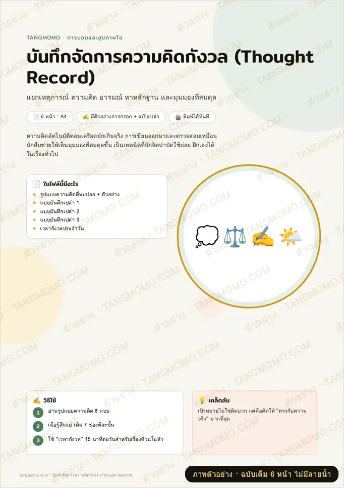 ภาพตัวอย่างบางส่วนของ บันทึกจัดการความคิดกังวล (Thought Record) (PDF พร้อมพิมพ์)