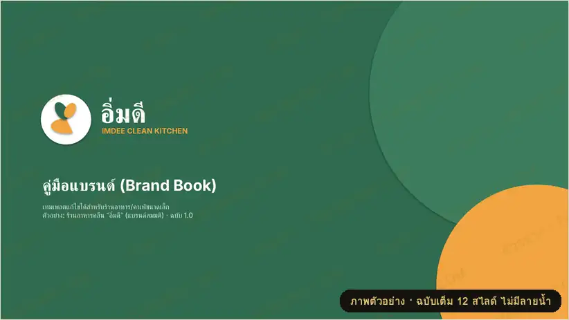 ภาพตัวอย่างบางส่วนของ เทมเพลตคู่มือแบรนด์ (Brand Book) ร้านอาหาร/คาเฟ่ขนาดเล็ก (PowerPoint)