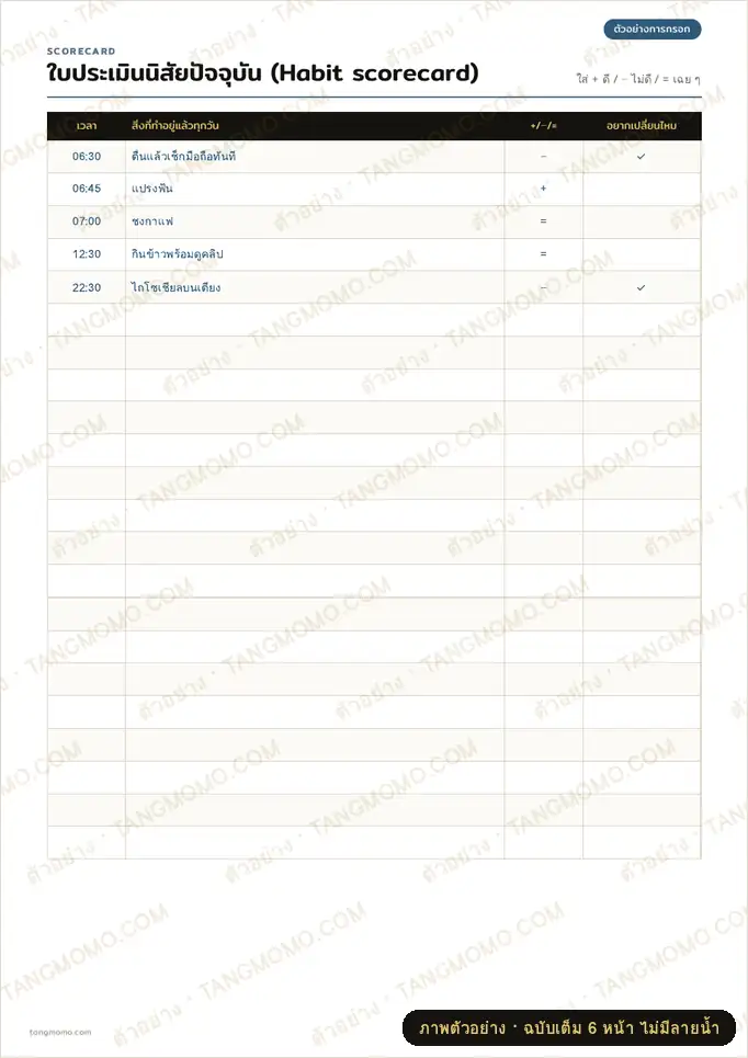 ภาพตัวอย่างบางส่วนของ สมุดออกแบบนิสัย (Habit stacking + 4 กฎ + สัญญานิสัย) (PDF พร้อมพิมพ์)