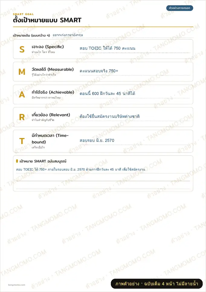 ภาพตัวอย่างบางส่วนของ ตั้งเป้าหมาย SMART + วางแผนย้อนกลับ (PDF พร้อมพิมพ์)