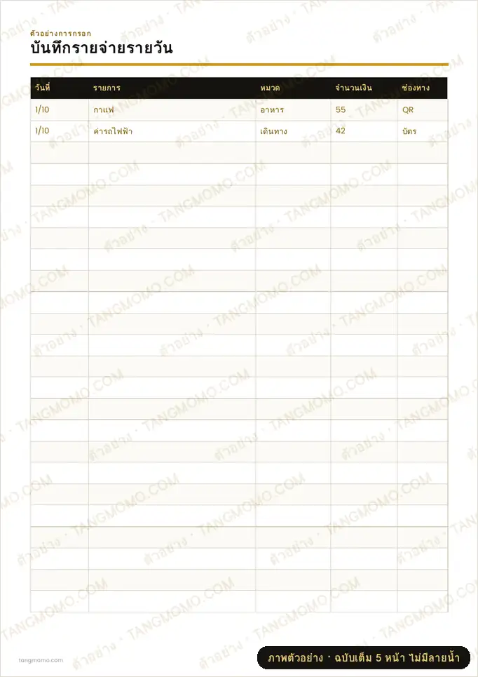 ภาพตัวอย่างบางส่วนของ บันทึกรายจ่ายรายวัน (PDF พร้อมพิมพ์)