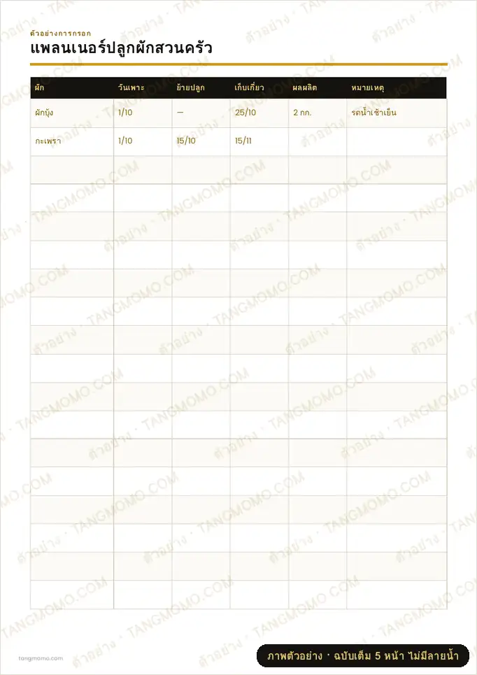 ภาพตัวอย่างบางส่วนของ แพลนเนอร์ปลูกผักสวนครัว (PDF พร้อมพิมพ์)