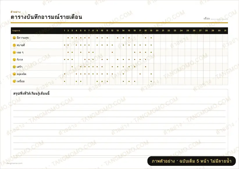 ภาพตัวอย่างบางส่วนของ ตารางบันทึกอารมณ์รายเดือน (PDF พร้อมพิมพ์)