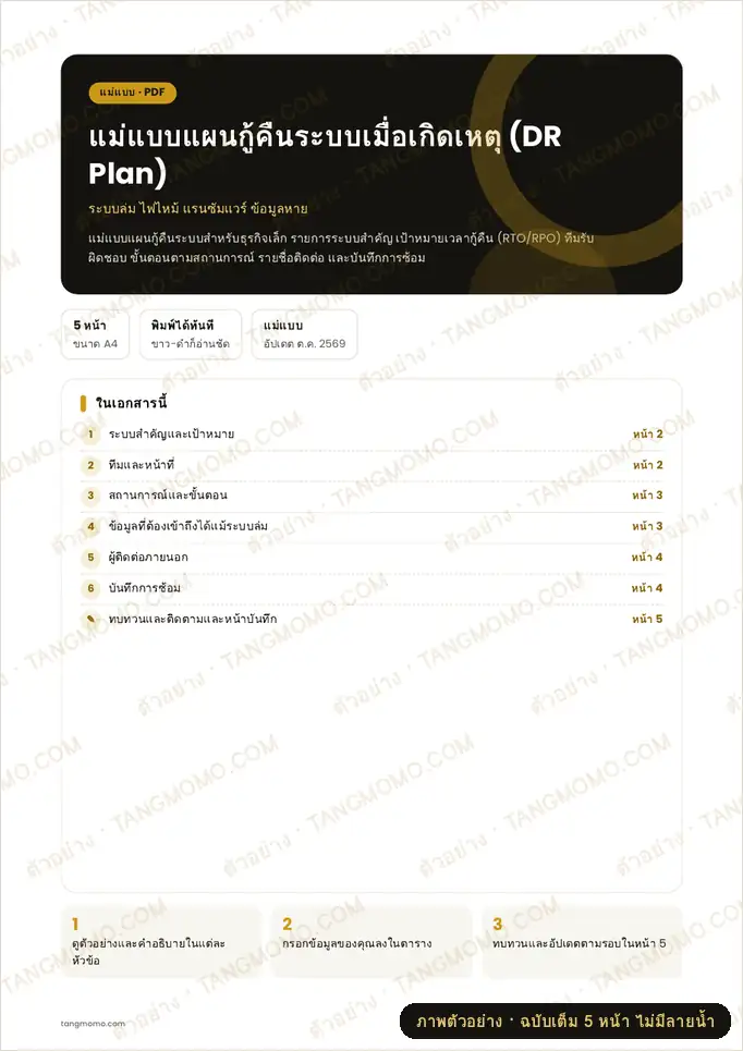 ภาพตัวอย่างบางส่วนของ แม่แบบแผนกู้คืนระบบเมื่อเกิดเหตุ (DR Plan)