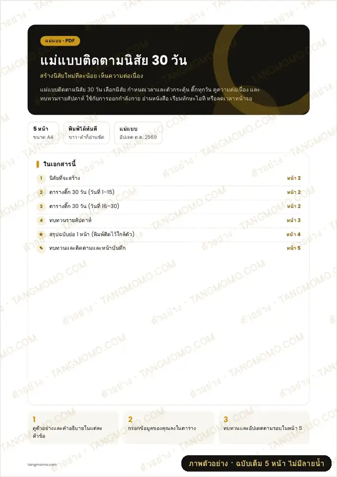 ภาพตัวอย่างบางส่วนของ แม่แบบติดตามนิสัย 30 วัน