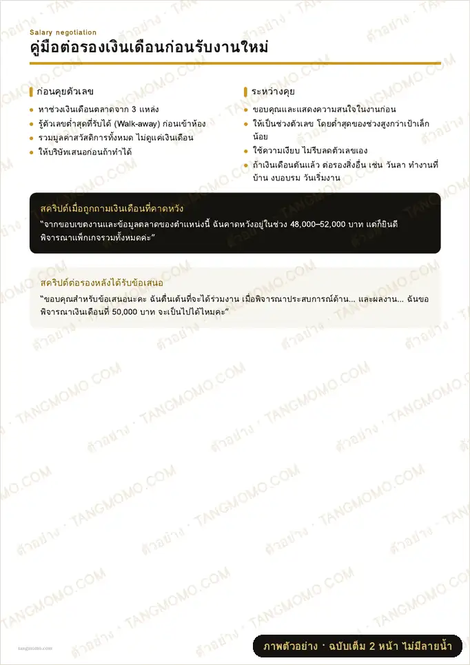 ภาพตัวอย่างบางส่วนของ คู่มือต่อรองเงินเดือนก่อนรับงานใหม่ (PDF พร้อมพิมพ์)