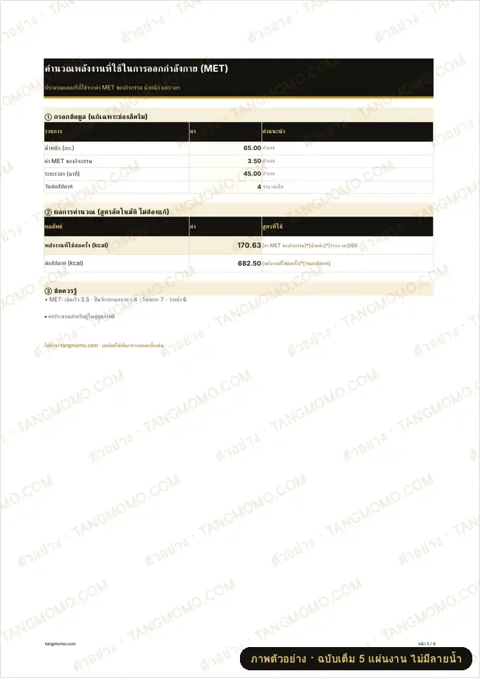ภาพตัวอย่างบางส่วนของ คำนวณพลังงานที่ใช้ในการออกกำลังกาย (MET) (Excel)