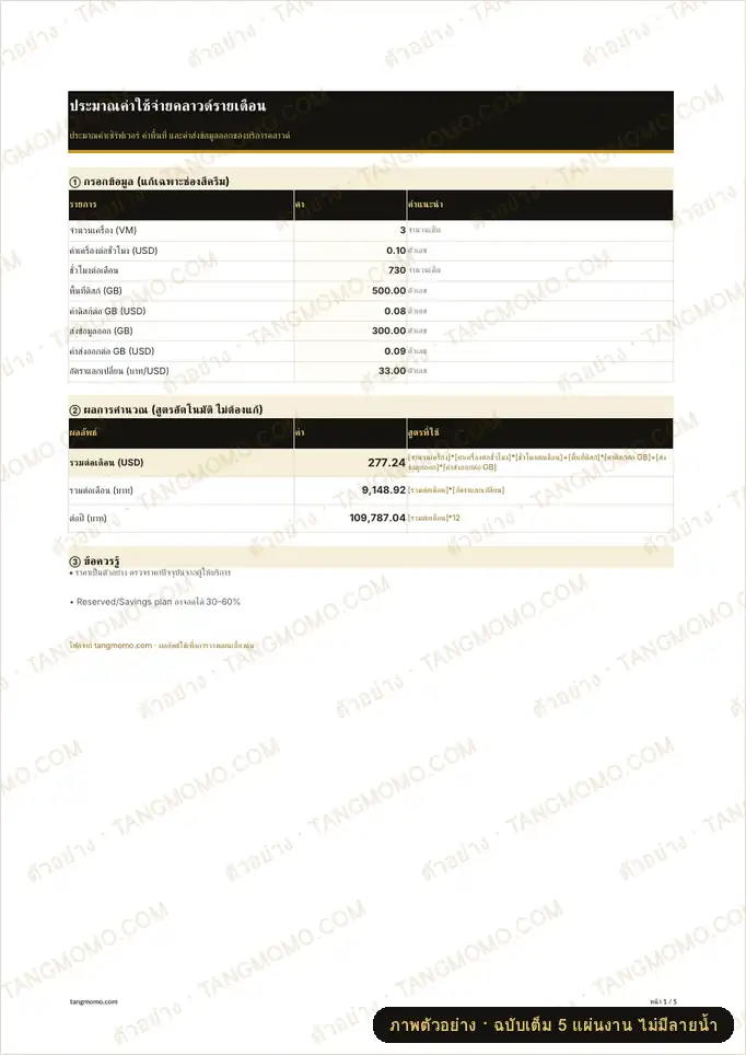 ภาพตัวอย่างบางส่วนของ ประมาณค่าใช้จ่ายคลาวด์รายเดือน (Excel)