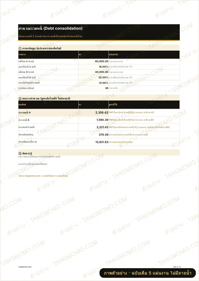 ภาพตัวอย่างบางส่วนของ คำนวณรวมหนี้ (Debt consolidation) (Excel)