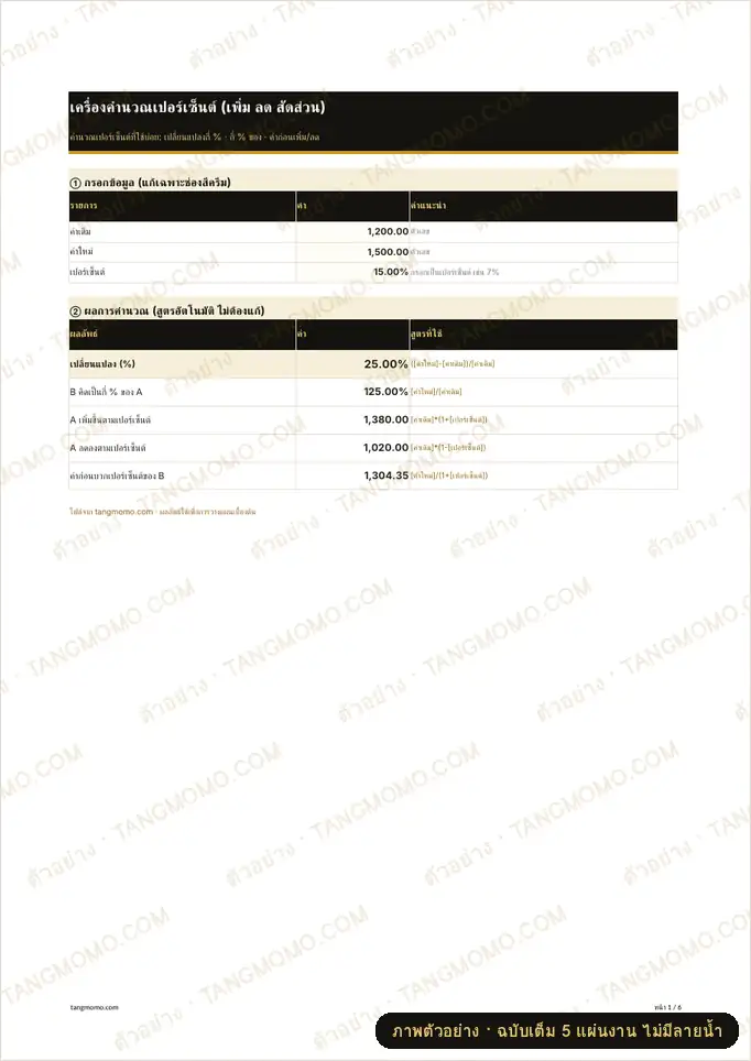 ภาพตัวอย่างบางส่วนของ เครื่องคำนวณเปอร์เซ็นต์ (เพิ่ม ลด สัดส่วน) (Excel)