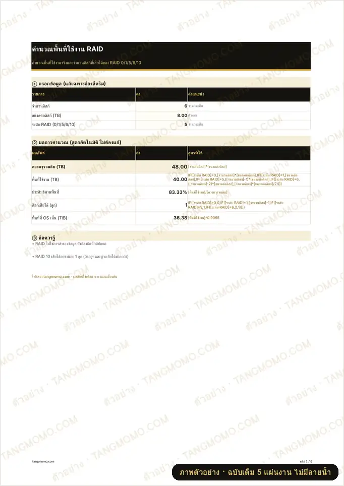ภาพตัวอย่างบางส่วนของ คำนวณพื้นที่ใช้งาน RAID (Excel)