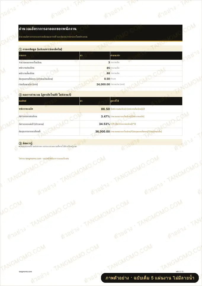 ภาพตัวอย่างบางส่วนของ คำนวณอัตราการลาออกของพนักงาน (Excel)