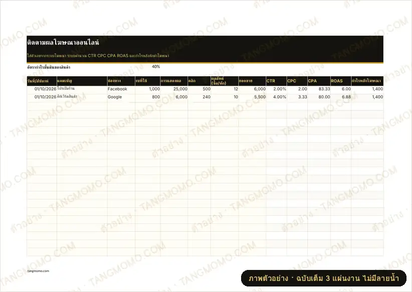 ภาพตัวอย่างบางส่วนของ ติดตามผลโฆษณาออนไลน์ ROAS (Excel)