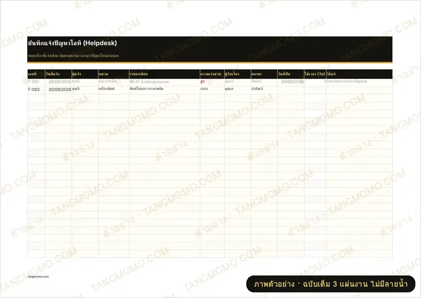 ภาพตัวอย่างบางส่วนของ บันทึกแจ้งปัญหาไอที Helpdesk (Excel)