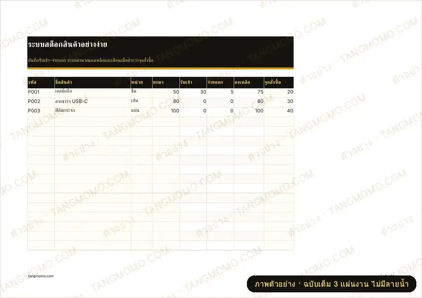 ภาพตัวอย่างบางส่วนของ ระบบสต็อกสินค้ารับเข้า-จ่ายออก (Excel)