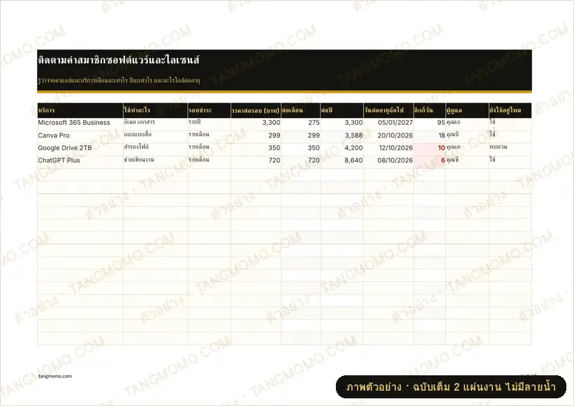 ภาพตัวอย่างบางส่วนของ ติดตามค่าสมาชิกซอฟต์แวร์ (Excel)