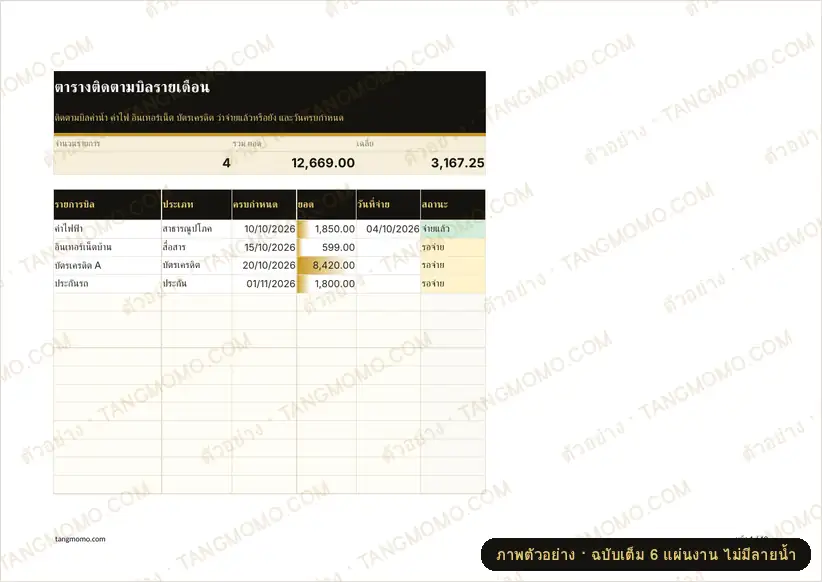 ภาพตัวอย่างบางส่วนของ ตารางติดตามบิลรายเดือน (Excel)
