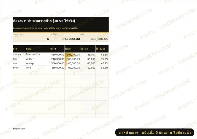 ภาพตัวอย่างบางส่วนของ ติดตามงบประมาณรายฝ่าย (งบ vs ใช้จริง) (Excel)