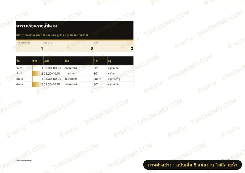 ภาพตัวอย่างบางส่วนของ ตารางเรียนรายสัปดาห์ (Excel)