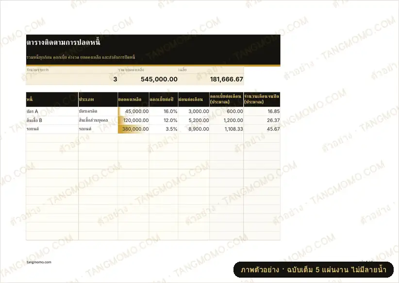 ภาพตัวอย่างบางส่วนของ ตารางติดตามการปลดหนี้ (Excel)