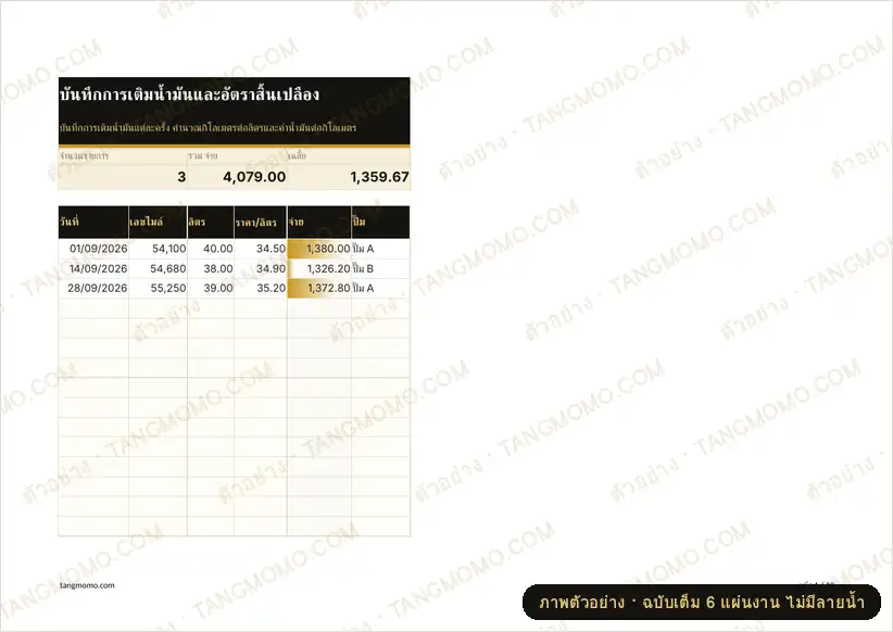 ภาพตัวอย่างบางส่วนของ บันทึกการเติมน้ำมันและอัตราสิ้นเปลือง (Excel)